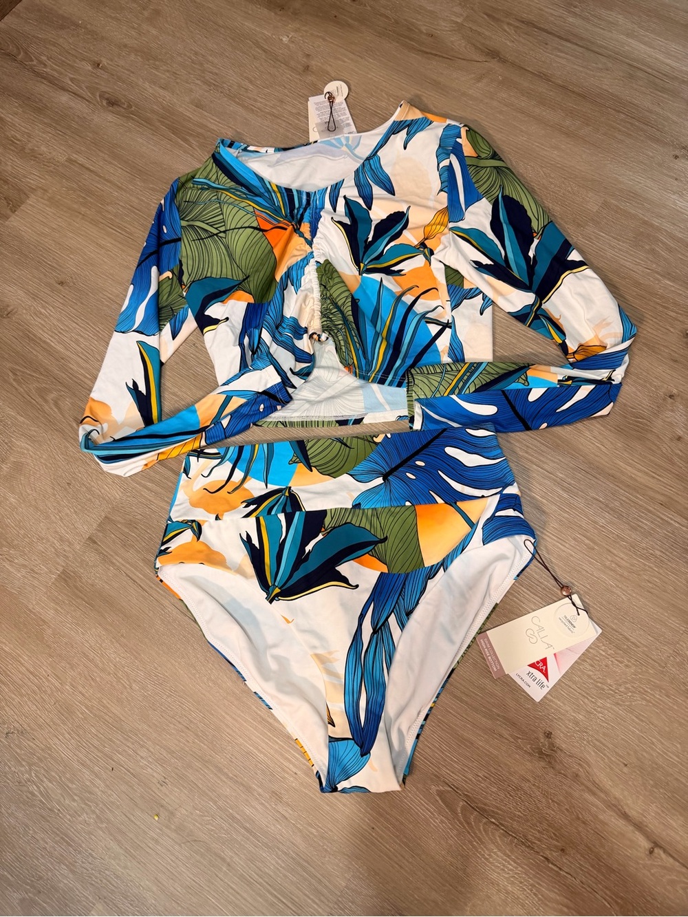 NWT Calia Tropical Print Long Sleeve Rash Guard and High Waisted Bottoms Size M